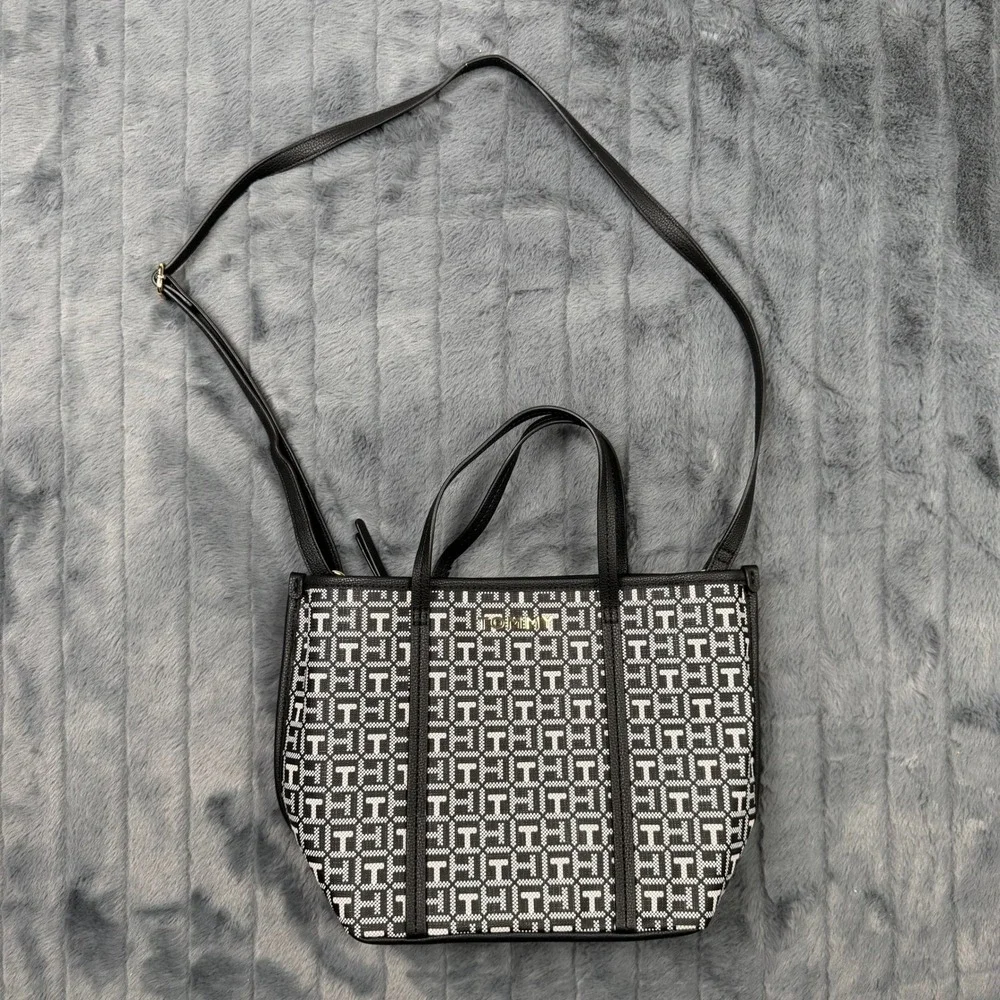 Tommy Hilfiger Crossbody Tote Womens Medium Black White Monogram Jacquard Bag